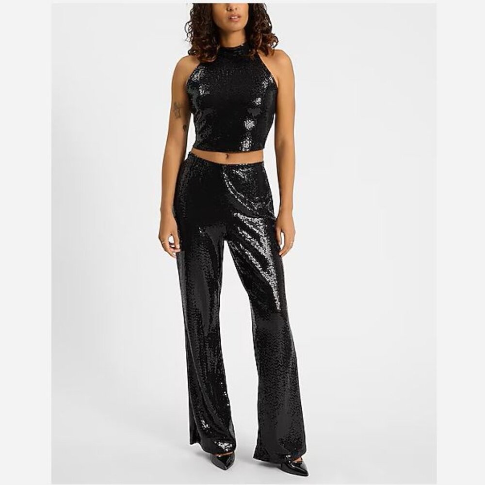 Express Dot Sequin Halter Neck Cropped Tank Black Size Small, Large, XL NWT